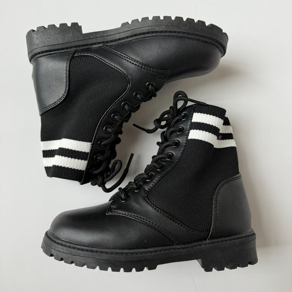 Black Combat Boots Size 13 | Stripe Knit Collar Lace-Up | NWOT - Picture 4 of 7
